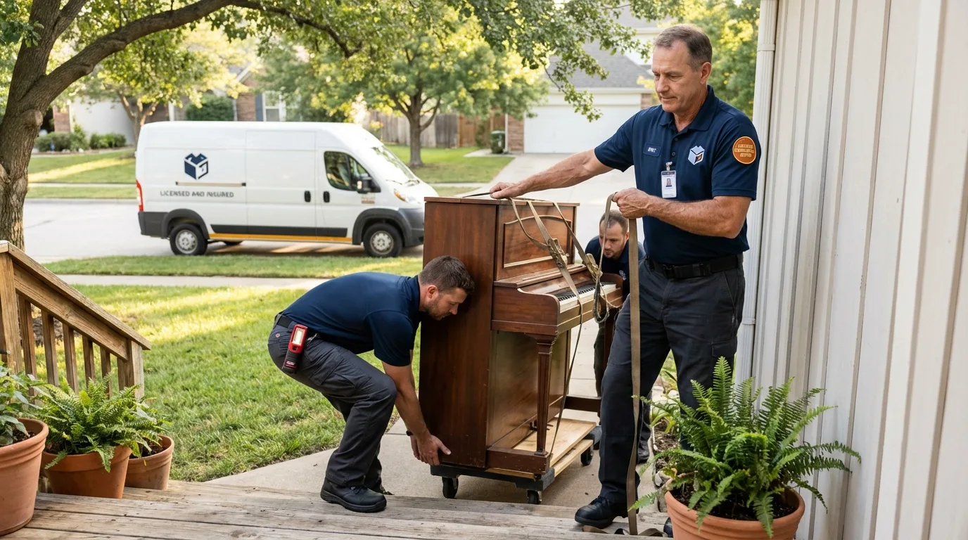 Licensed piano movers securing grand piano in Princess Anne, MD